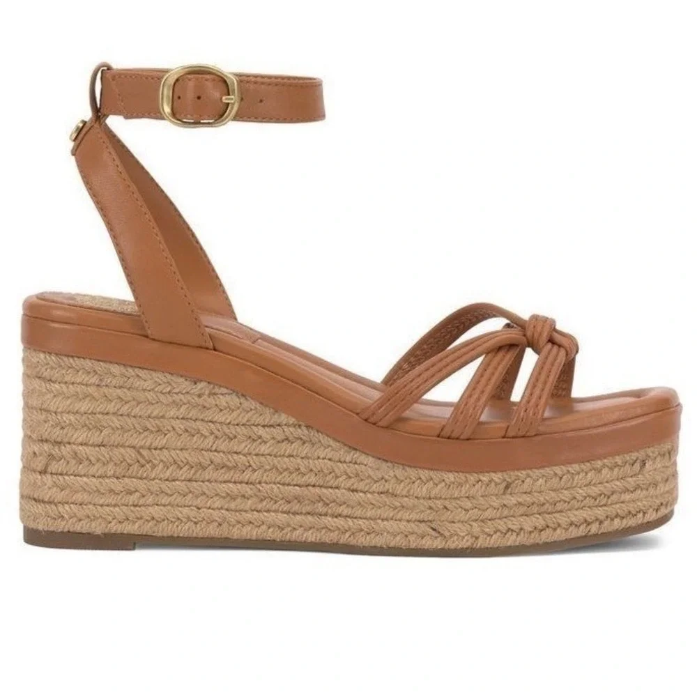 Vince Camuto Loressa Leather Espadrille Platform Wedge Sandals Walnut Sz 9.5 NEW